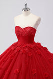 Sparkly Red Ball Gown Strapless Tulle Quinceanera Dress with Flower Appliques