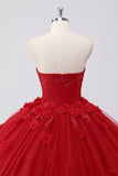 Sparkly Red Ball Gown Strapless Tulle Quinceanera Dress with Flower Appliques