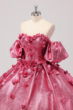 Princess Fuchsia Ball Gown Off the Shoulder Puff Sleeves Quinceanera Dress with 3D Flowers