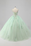 Princess Green Ball Gown Spaghetti Straps Tulle Quinceanera Dress with 3D Flower Appliques