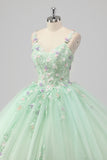 Princess Green Ball Gown Spaghetti Straps Tulle Quinceanera Dress with 3D Flower Appliques