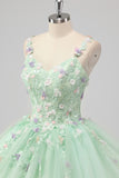 Princess Green Ball Gown Spaghetti Straps Tulle Quinceanera Dress with 3D Flower Appliques