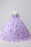 Sparkly Lilac Ball Gown Off the Shoulder Puff Sleeves Tulle Quinceanera Dress with 3D Flowers