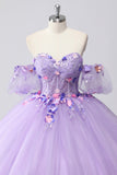 Sparkly Lilac Ball Gown Off the Shoulder Puff Sleeves Tulle Quinceanera Dress with 3D Flowers