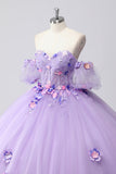 Sparkly Lilac Ball Gown Off the Shoulder Puff Sleeves Tulle Quinceanera Dress with 3D Flowers