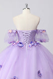 Sparkly Lilac Ball Gown Off the Shoulder Puff Sleeves Tulle Quinceanera Dress with 3D Flowers