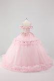 Princess Blush Ball Gown Cold Shoulder Ruffles Tulle Quinceanera Dress with Sequined Embroidery