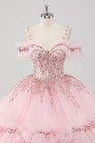 Princess Blush Ball Gown Cold Shoulder Ruffles Tulle Quinceanera Dress with Sequined Embroidery