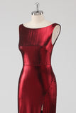 Burgundy Satin Round Neck Sheath Formal Dress with Slit