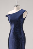 Navy Sheath One Shoulder Beaded Formal Dress