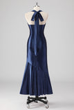 Navy Halter Beaded Mermaid Ruffles Long Formal Dress