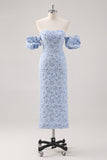 Blue Floral Tea Length Formal Dress with Puff Sleeves