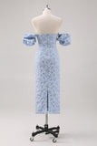 Blue Floral Tea Length Formal Dress with Puff Sleeves