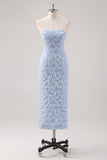 Blue Floral Tea Length Formal Dress with Puff Sleeves