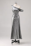 Silver Black Sheath One Shoulder Formal Dress with Slit