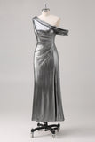 Silver Black Sheath One Shoulder Formal Dress with Slit