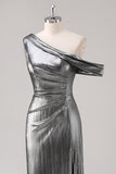 Silver Black Sheath One Shoulder Formal Dress with Slit