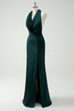 Halter Neck Pine Green Mermaid Long Bridesmaid Dress with Slit