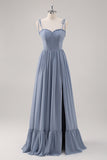 Dusty Blue A Line Corset Long Bridesmaid Dress with Slit