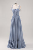 Dusty Blue A Line Corset Long Bridesmaid Dress with Slit