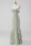 Dusty Sage Sheath Ruffled Spaghetti Straps Bridesmaid Dress