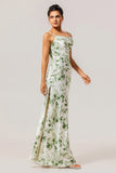 Green Floral Sheath Cowl Neck Bridesmaid Dress with Slit