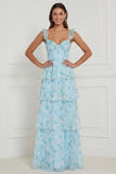 Blue A Line Ruffled Corset Long Floral Dress with Slit