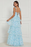 Blue A Line Ruffled Corset Long Floral Dress with Slit
