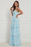 Blue A Line Ruffled Corset Long Floral Dress with Slit