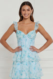 Blue A Line Ruffled Corset Long Floral Dress with Slit