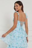 Blue A Line Ruffled Corset Long Floral Dress with Slit