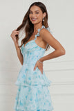 Blue A Line Ruffled Corset Long Floral Dress with Slit