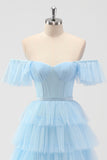 Sky Blue Off The Shoulder Tiered Corset A Line Bridesmaid Dress