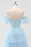 Sky Blue Off The Shoulder Tiered Corset A Line Bridesmaid Dress