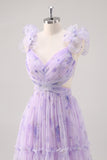 Lavender Flower A Line Cut Out Pleated Long Bridesmaid Dress