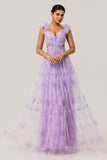 Lavender Floral A Line Pleated Tulle Long Bridesmaid Dress
