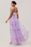 Lavender Floral A Line Pleated Tulle Long Bridesmaid Dress