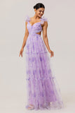 Lavender Floral A Line Pleated Tulle Long Bridesmaid Dress