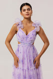 Lavender Floral A Line Pleated Tulle Long Bridesmaid Dress