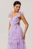 Lavender Floral A Line Pleated Tulle Long Bridesmaid Dress