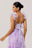 Lavender Floral A Line Pleated Tulle Long Bridesmaid Dress