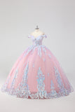 Princess Blush Pink Off the Shoulder Sequined Rhinestones Tulle Quinceanera Dress with Bow