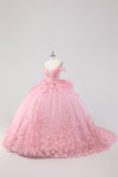 Princess Blush Pink Ball Gown Off the Shoulder Beaded Butterfly Tulle Quinceanera Dress with Bow