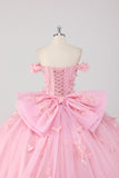 Princess Blush Pink Ball Gown Off the Shoulder Beaded Butterfly Tulle Quinceanera Dress with Bow