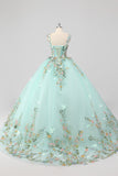 Princess Mint Ball Gown Spaghetti Straps Tulle Quinceanera Dress with Flower Appliques