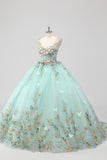 Princess Mint Ball Gown Spaghetti Straps Tulle Quinceanera Dress with Flower Appliques