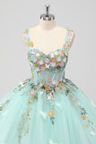 Princess Mint Ball Gown Spaghetti Straps Tulle Quinceanera Dress with Flower Appliques