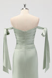 Sage Green Off The Shoulder Mermaid Ruched Long Bridesmaid Dress