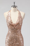 Glitter Champagne Mermaid Halter Open Back Long Prom Dress with Sequins