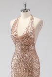 Glitter Champagne Mermaid Halter Open Back Long Prom Dress with Sequins